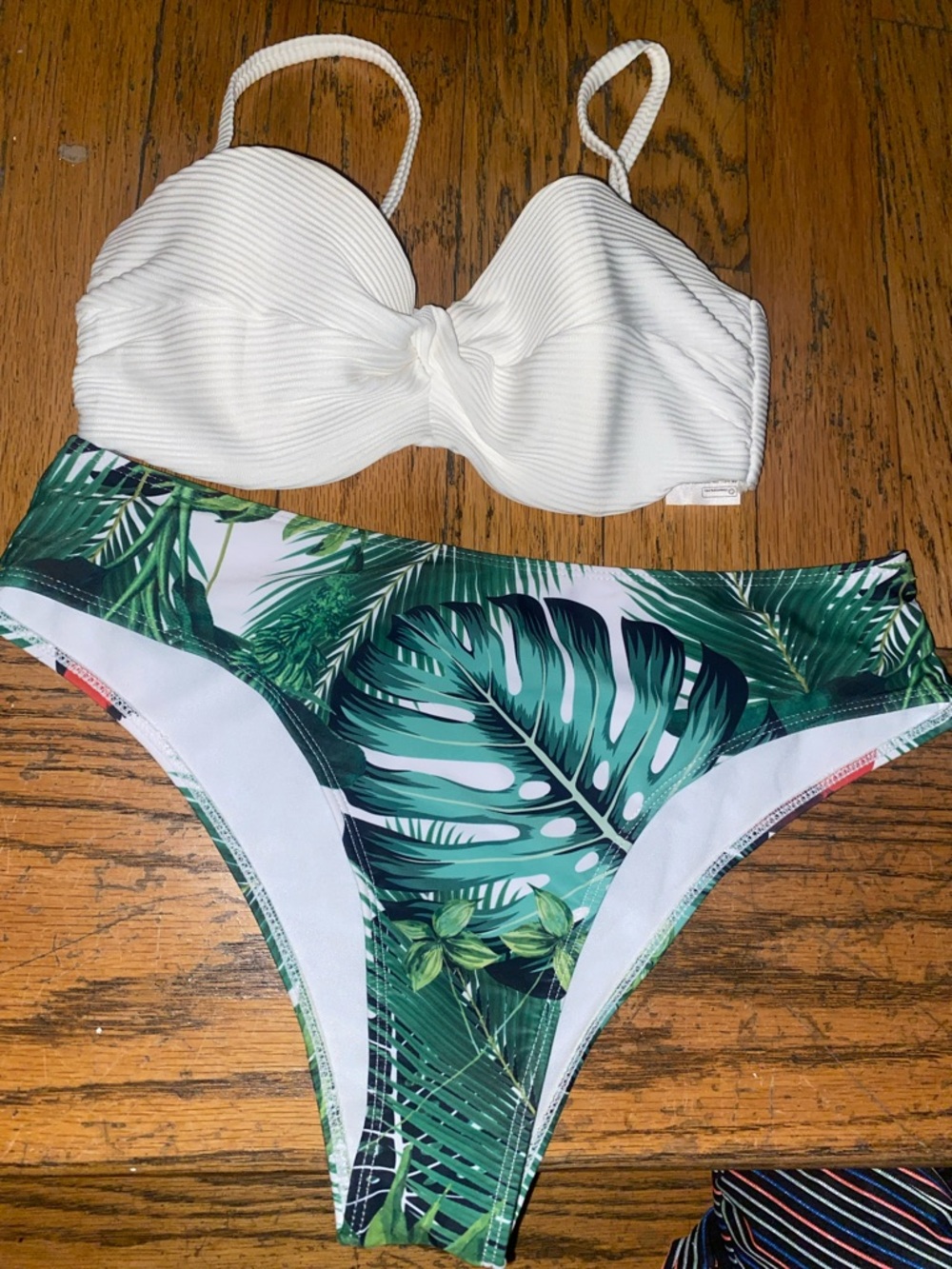 H&M White Ribbed Bikini Top with Green Tropical Print Bottoms